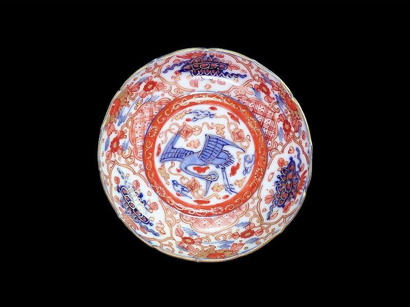 古伊万里　金襴手　鶴に七宝紋の図　4寸皿　5枚　D048AS-DAr