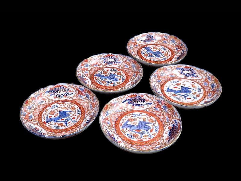 古伊万里　金襴手　鶴に七宝紋の図　4寸皿　5枚　D048AS-DAr
