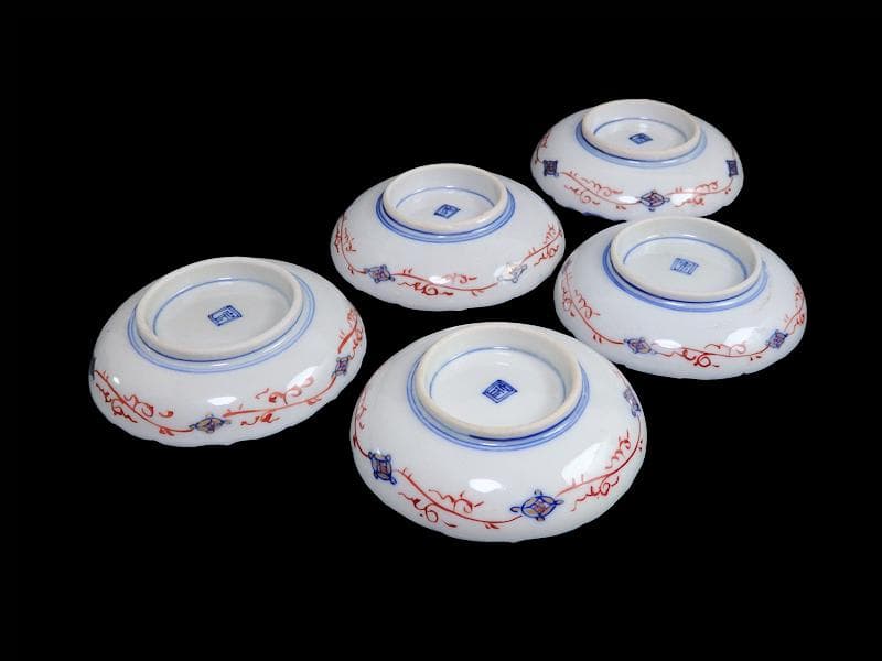 古伊万里　金襴手　鶴に七宝紋の図　4寸皿　5枚　D048AS-DAr