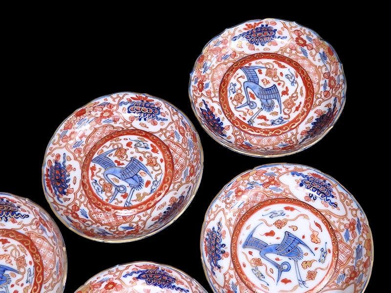 古伊万里　金襴手　鶴に七宝紋の図　4寸皿　5枚　D048AS-DAr