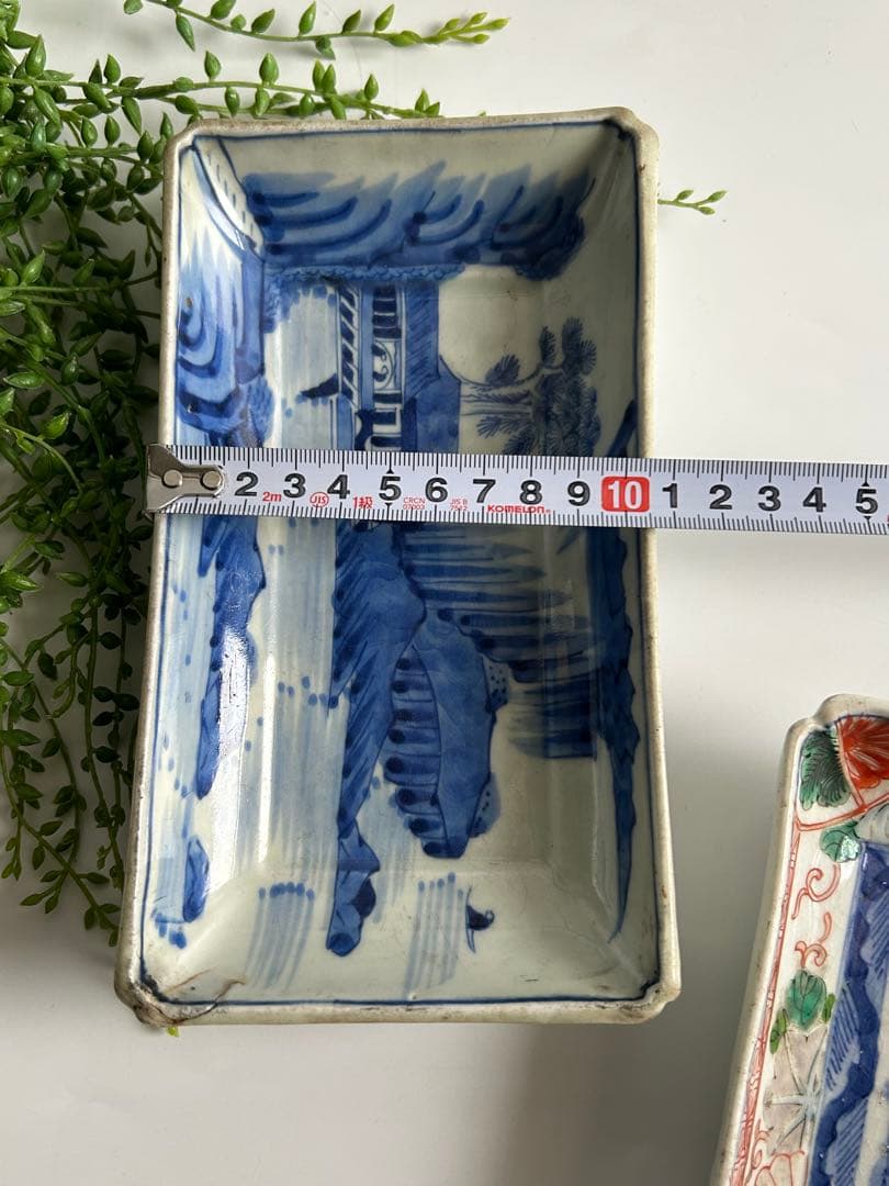 古伊万里　風景 色絵　染錦　角皿 2枚セット