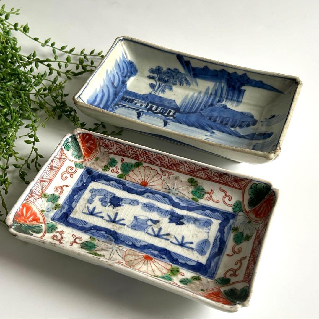古伊万里　風景 色絵　染錦　角皿 2枚セット