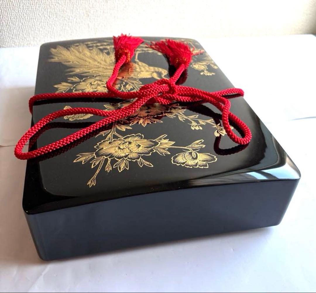 清仙作 黒塗り沈金文箱 牡丹孔雀柄 未使用に近い 箱・布付き和室 書道 茶道