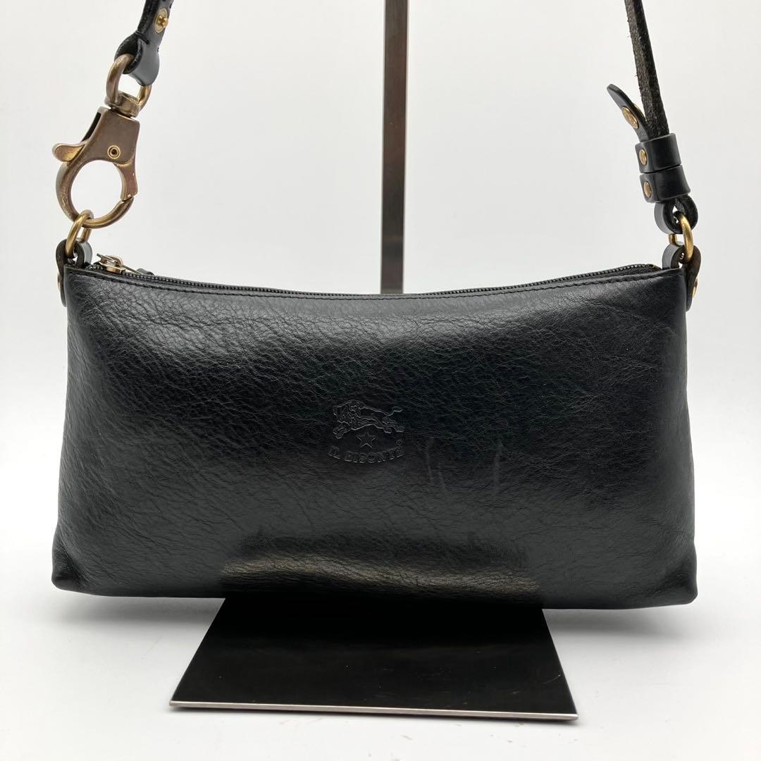 【極美品】イルビゾンテ　レザー　ショルダーバッグ　ロゴ刻印　金金具　ブラック