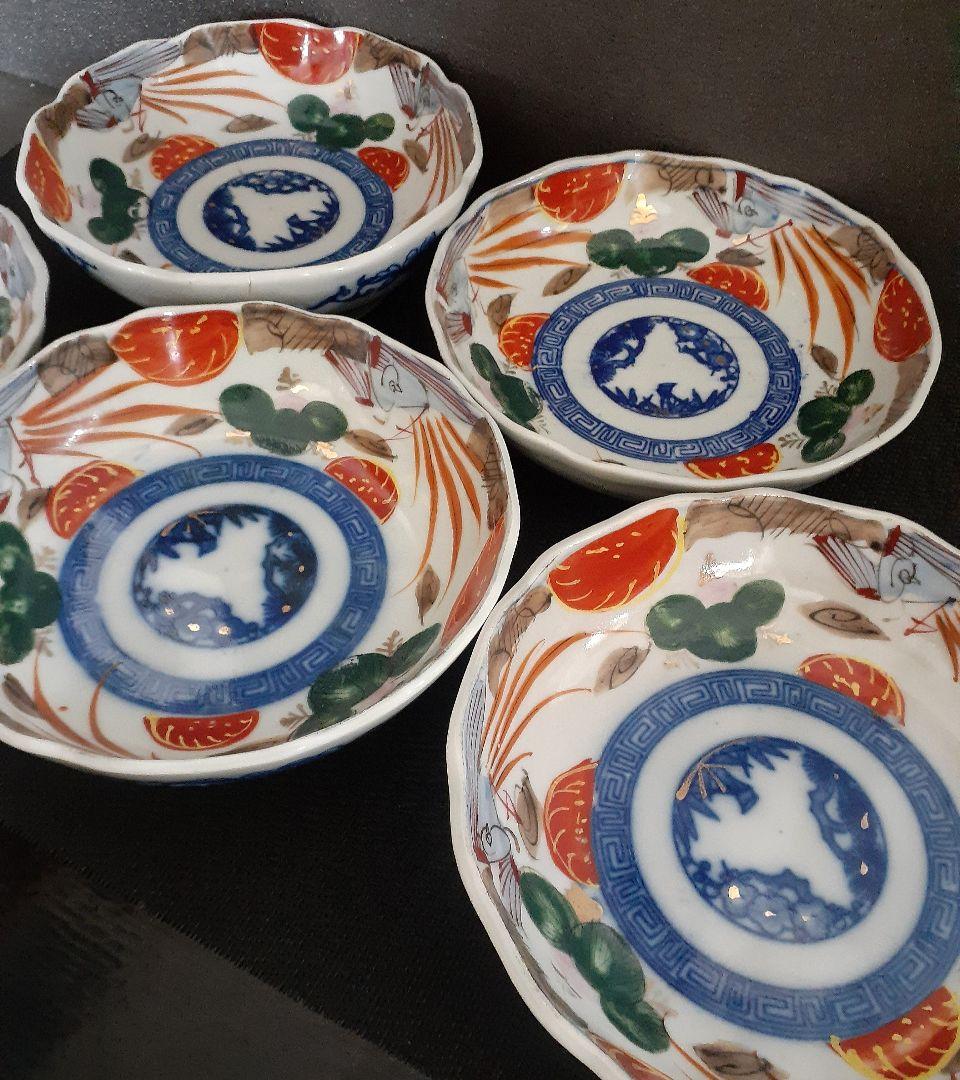明治時代 古伊万里 金彩赤絵 三鶴図 輪花 大振り なます皿 膾皿 深皿 5