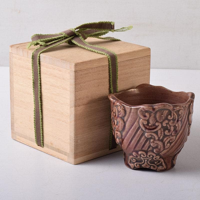 中国　紫交趾　花口酒盃　時代箱　C　R8473 中国 紫交趾 花口酒盃 時代箱 C R8473