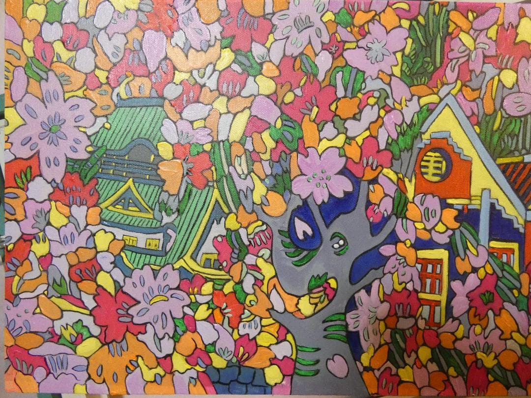 油彩 ジミー大西 「花吹雪」サイン M10 額装済み 肉筆手描き