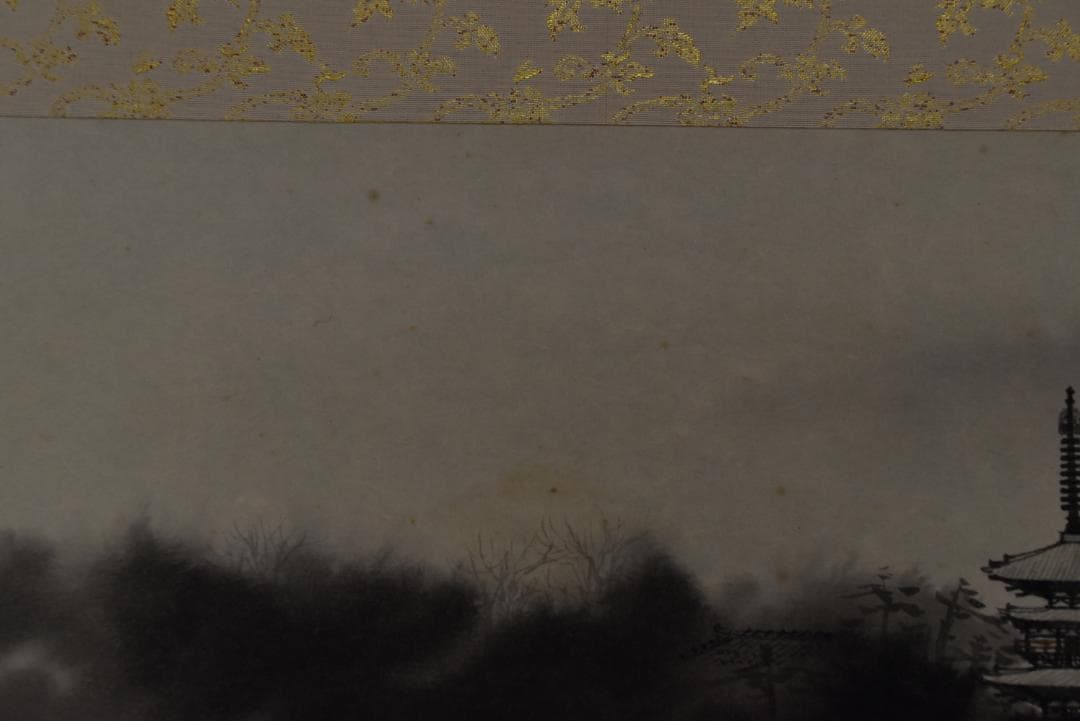 【真作】浜田三郎/塔のある風景/横物/掛軸☆宝船☆Z-695