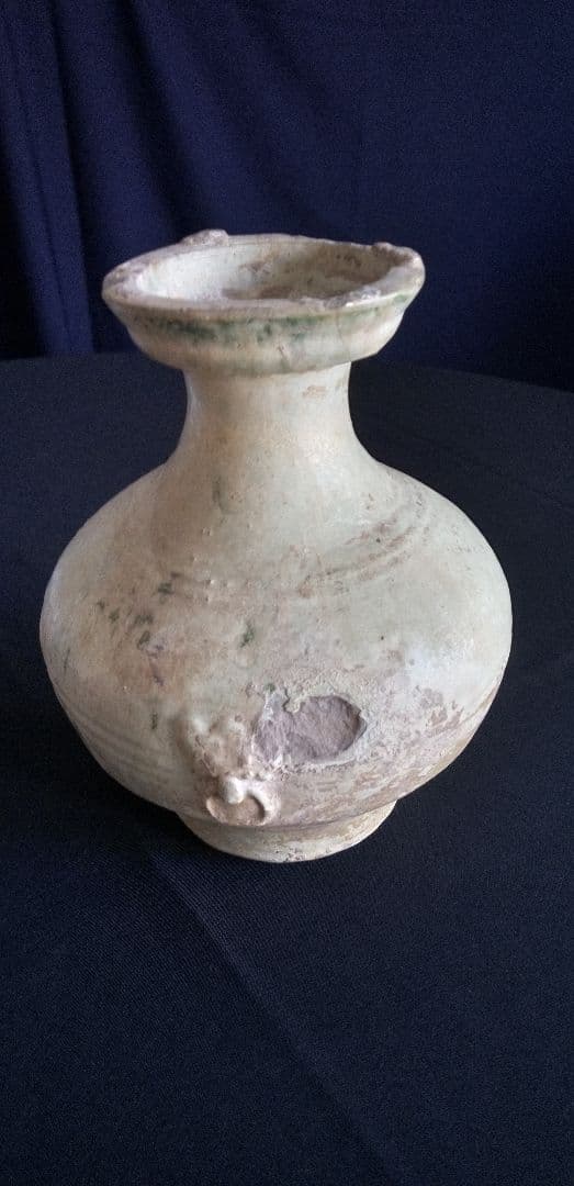 中国古陶器製瓶型 、緑釉双耳、緑釉銀化 高さ約20cm