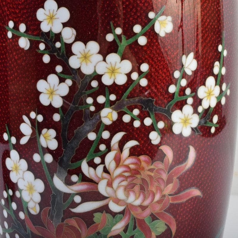 七宝焼 赤透釉 四君子文 花瓶 唐木台付 共箱 V 9132