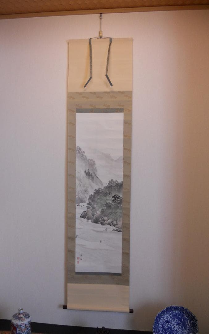 掛け軸 佐藤古岫 清渓釣遊図 紙本 希少 軸装 茶道具 掛軸 美品 です。
