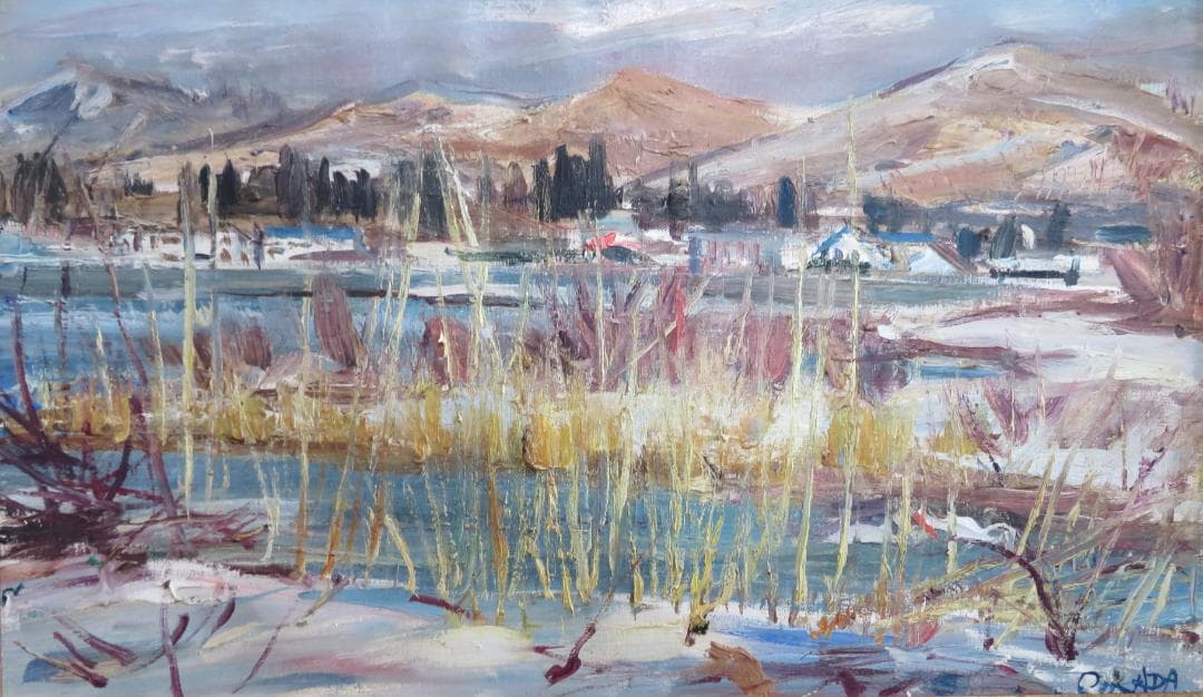 ◆岡田又三郎　「雪の湖畔（山中湖）」　油彩　M10号　日展理事　日本芸術院賞◆