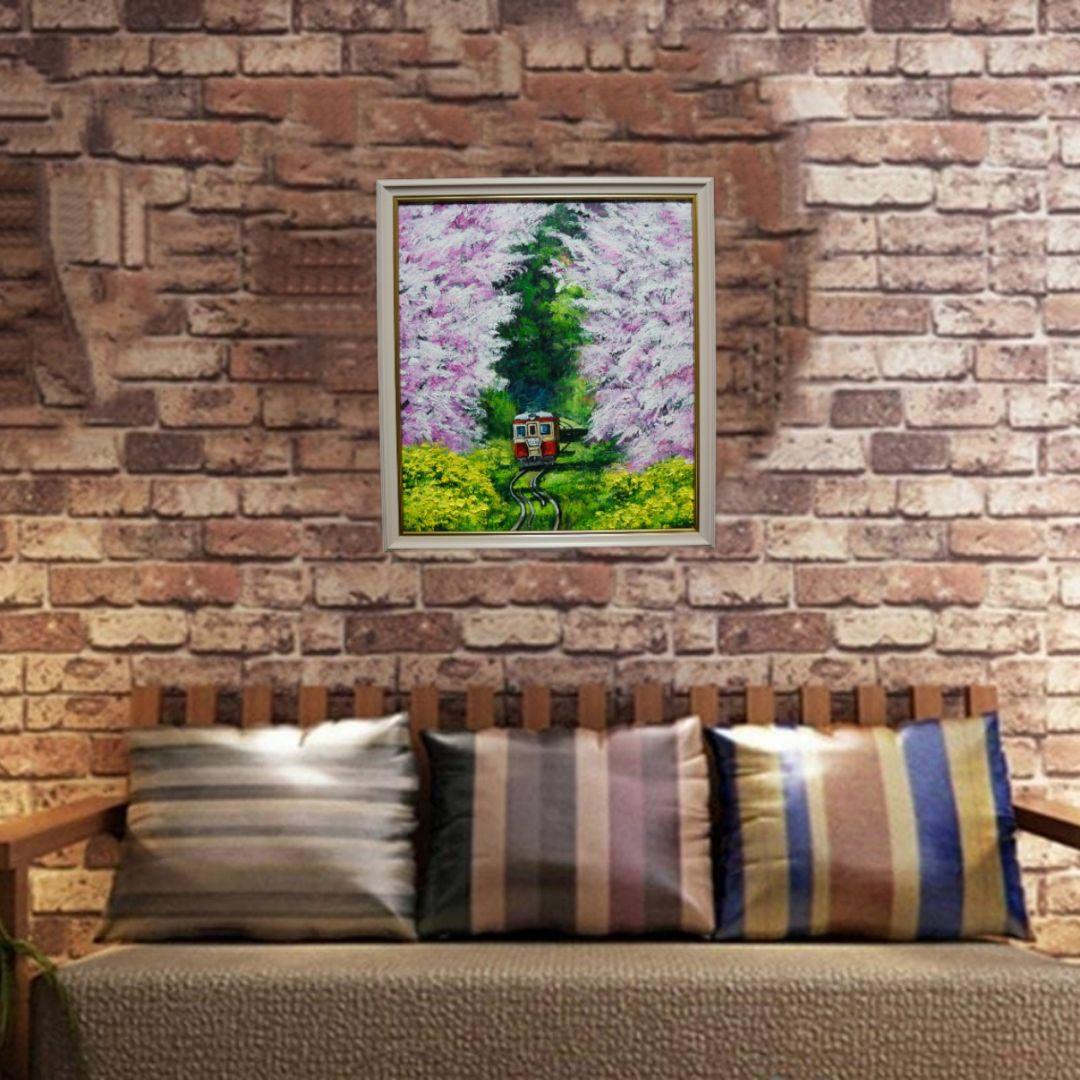 油絵 油彩 油彩画 絵画 絵 【桜と菜の花の鉄道】