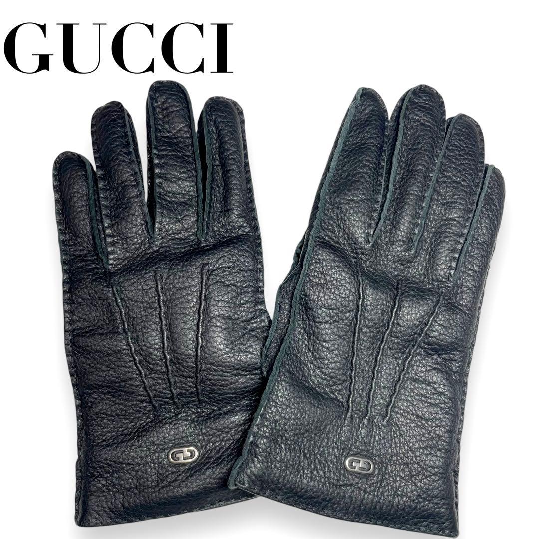 美品☆グッチ 手袋 インターロッキング 黒 鹿革 カシミヤ100% サイズ8.5