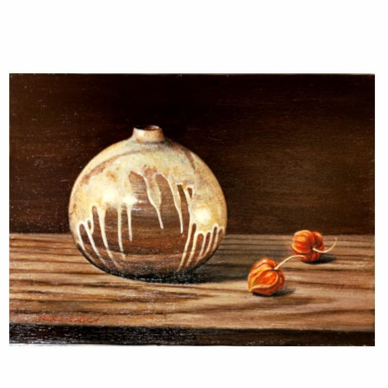 ☆小阪正次☆「壺とほうずき」油絵　Ｆ４号　一枚の繪人気画家