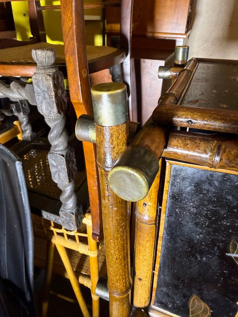 明治期 竹細工 蒔絵風パネル付 手焙り箱 花台 飾り棚