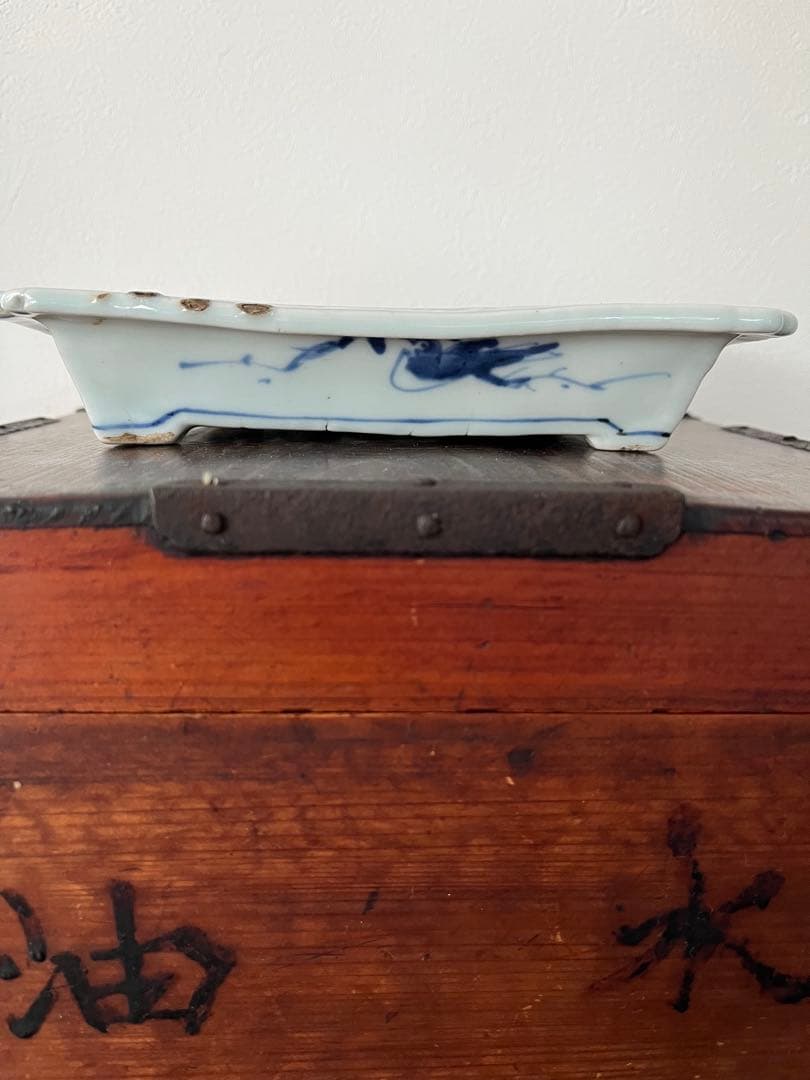 希少無傷　中国美術　明　天啓古染付　牛車に翁　紗綾紋　隅切角皿　古伊万里　清朝期