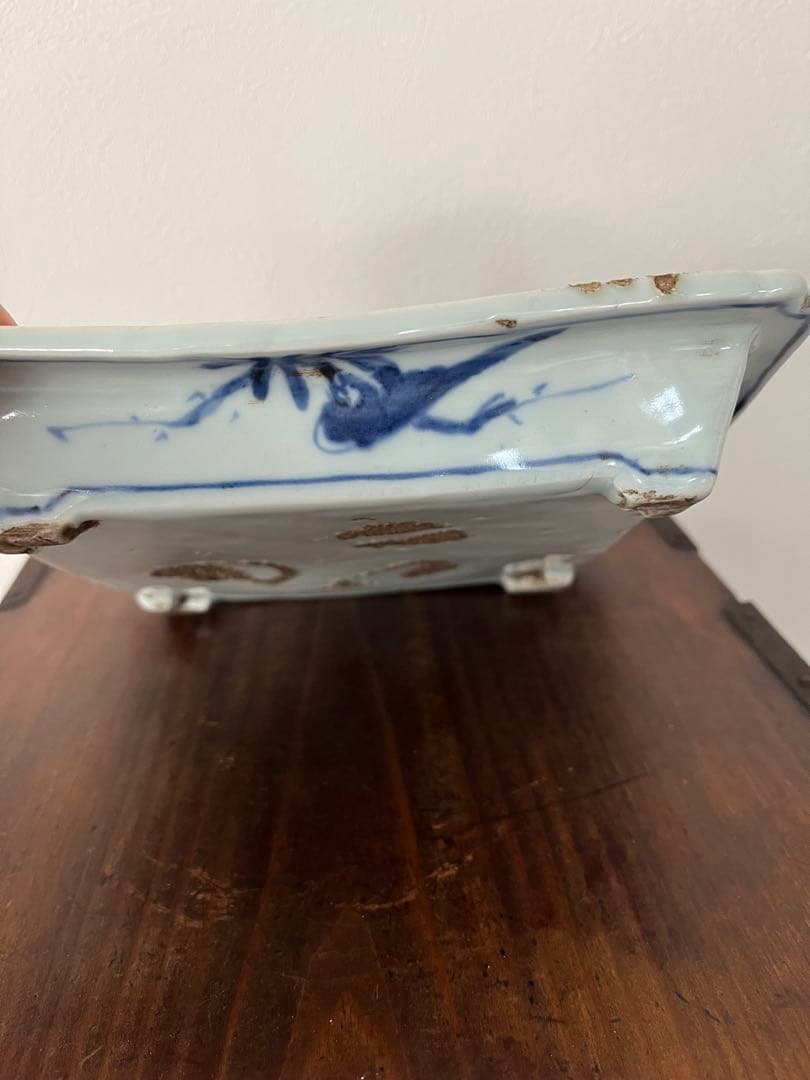 希少無傷　中国美術　明　天啓古染付　牛車に翁　紗綾紋　隅切角皿　古伊万里　清朝期