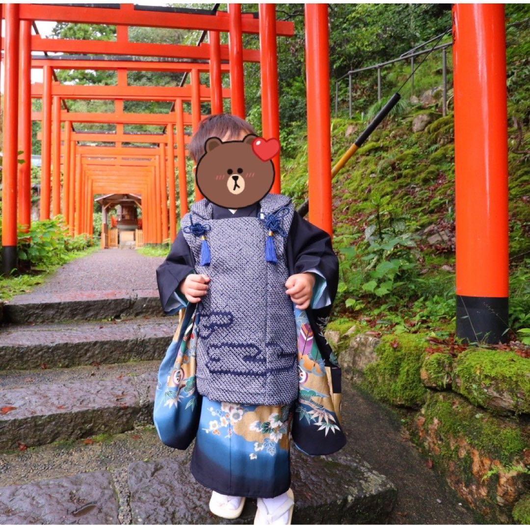 総絞り被布セット　七五三　3歳　男の子　一式　鷹　黒系　正絹
