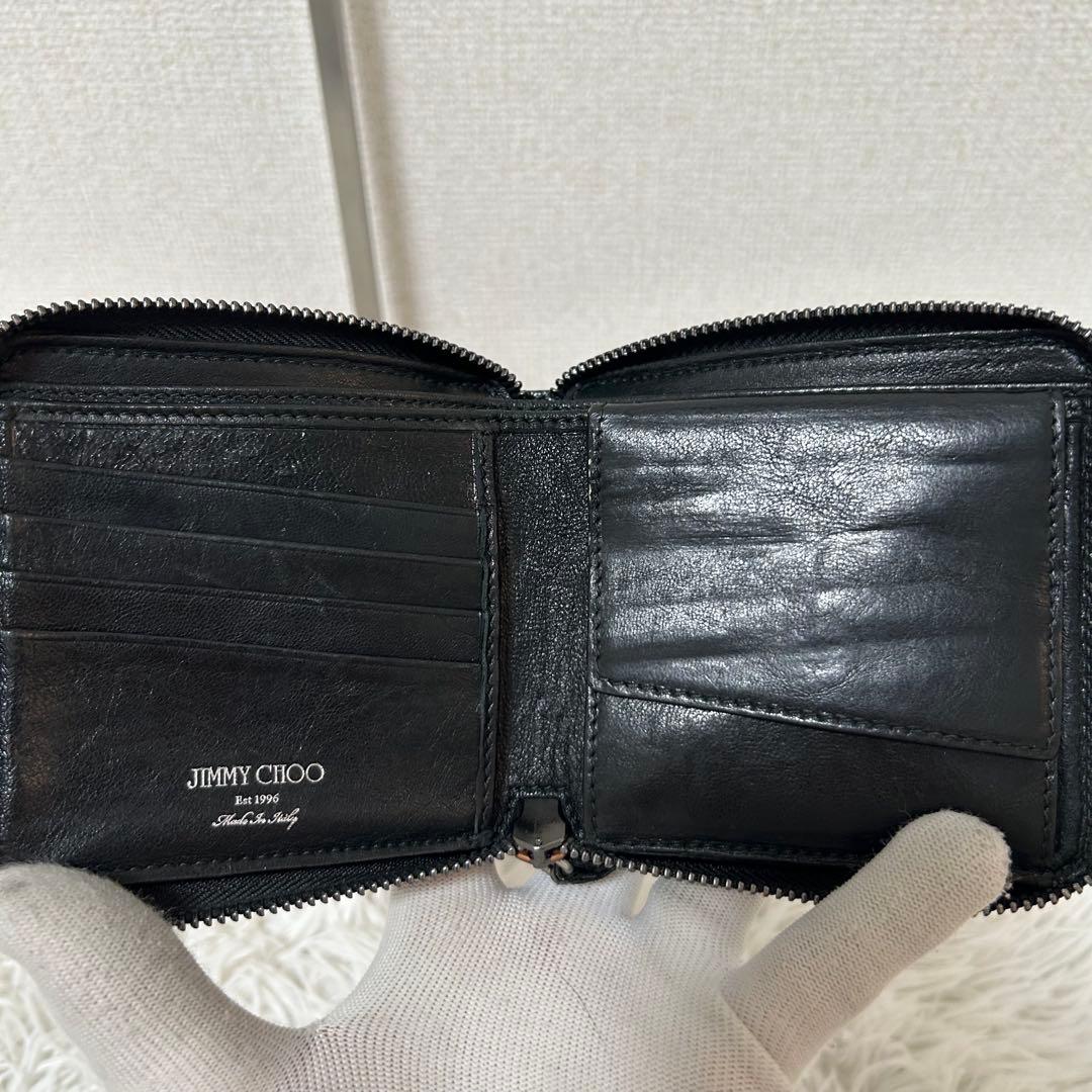 【美品✨スタッズ/コンパクトウォレット】ジミーチュウ　折り財布　レザー　ブラック
