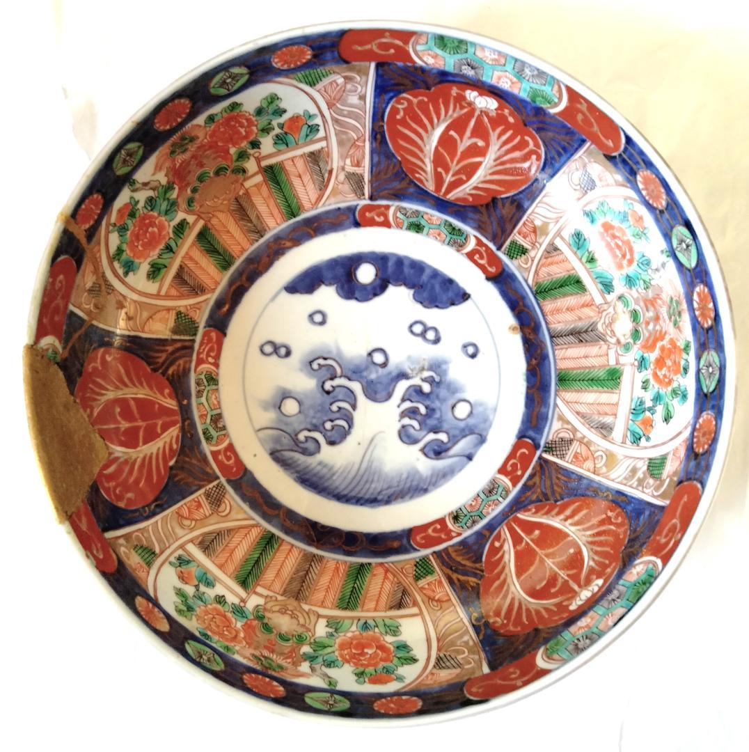 陶器 大深鉢(大) 荒波に獅子・牡丹・鳳凰 色絵 二重鉢揃い Ab-