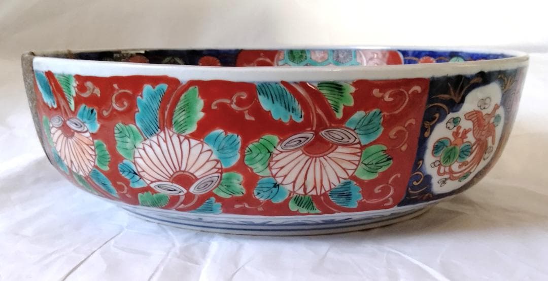 陶器 大深鉢(大) 荒波に獅子・牡丹・鳳凰 色絵 二重鉢揃い Ab-