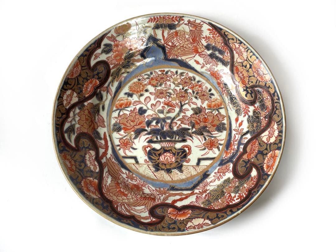 アンティーク　骨董　古伊万里　輸出伊万里　色絵　花瓶文　大皿　尺皿　飾り皿　金襴 伊万里 金彩 赤絵 [龍草花文] 色絵 平皿 丸皿 取り皿 飾り皿 和食器