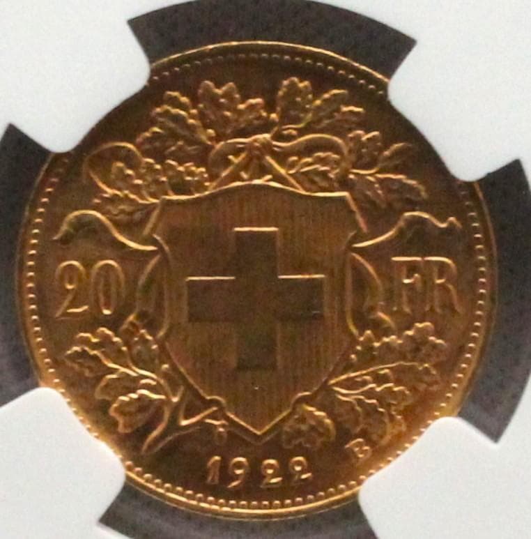 1922年 スイス ブレネリ アルプスの少女 20フラン 金貨 NGC MS66