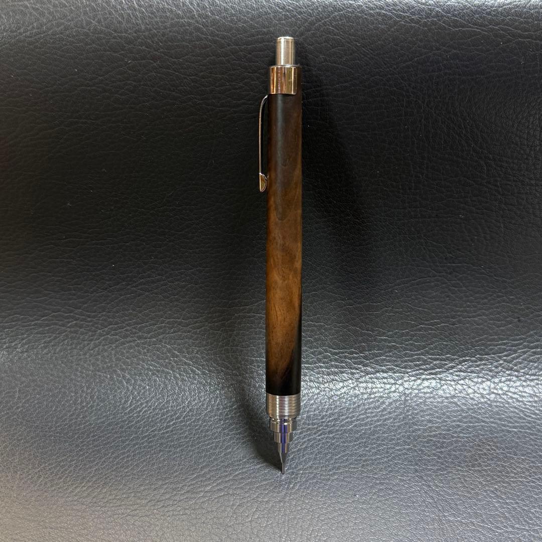 207黒柿縮杢　木製シャーペン　超低重心(溝付き) ステンレス