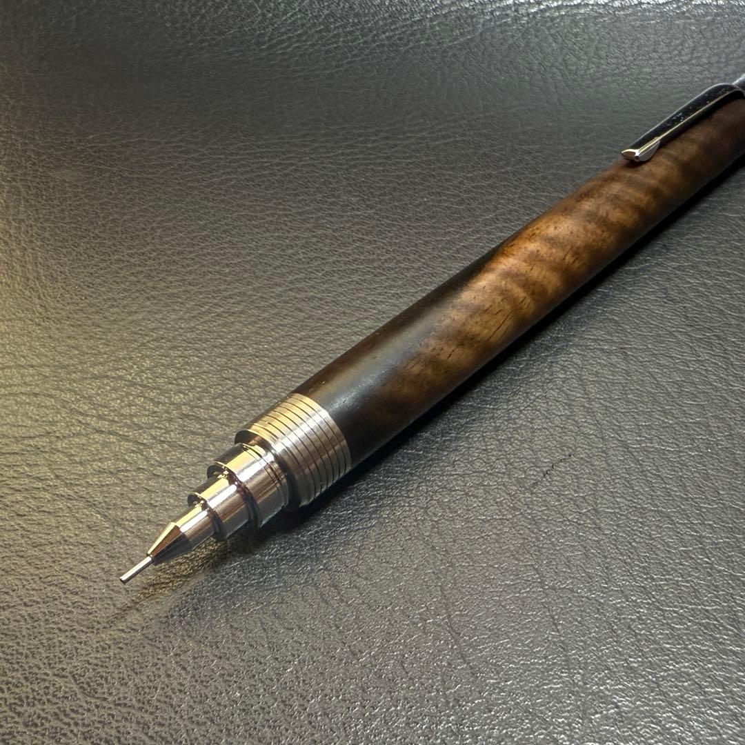 207黒柿縮杢　木製シャーペン　超低重心(溝付き) ステンレス