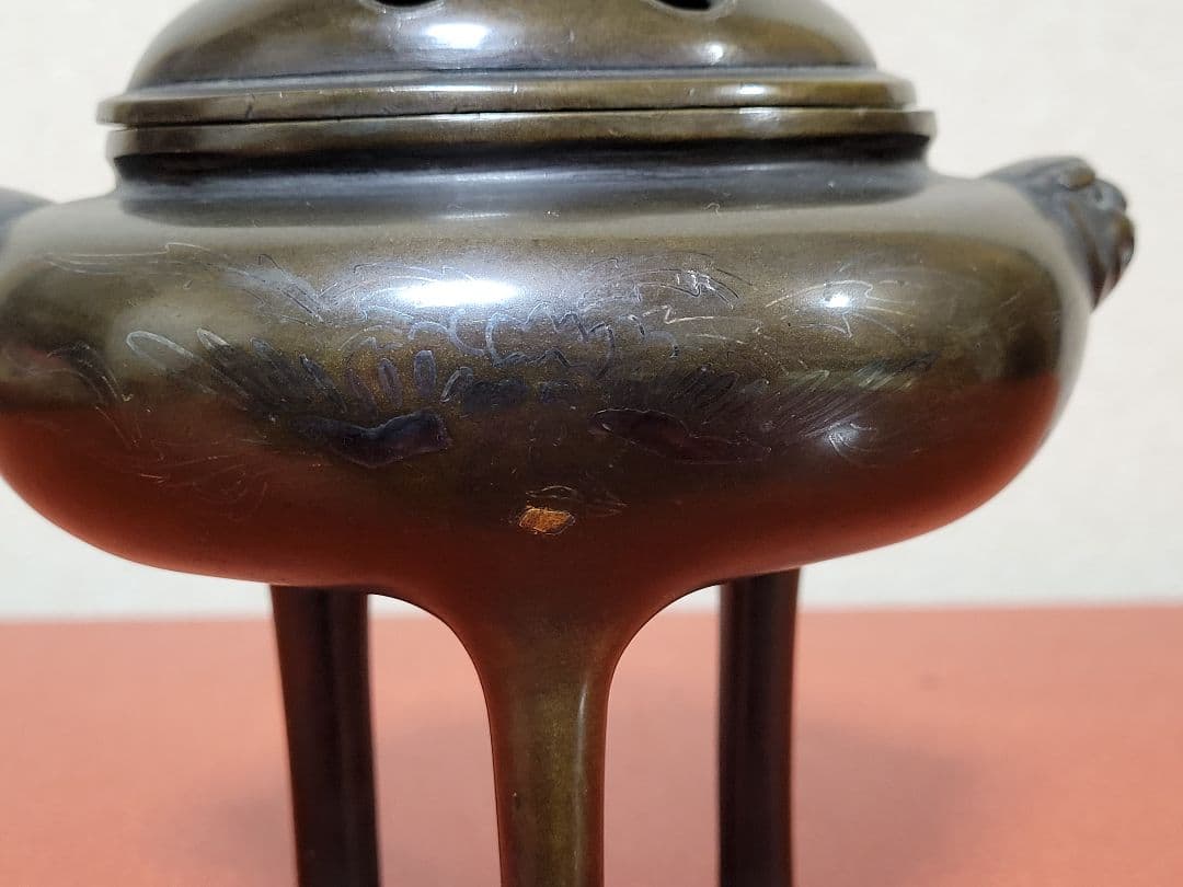 明治期 極上 宣徳銅製 麒麟摘蓋金銀象嵌鳳凰図 三足高