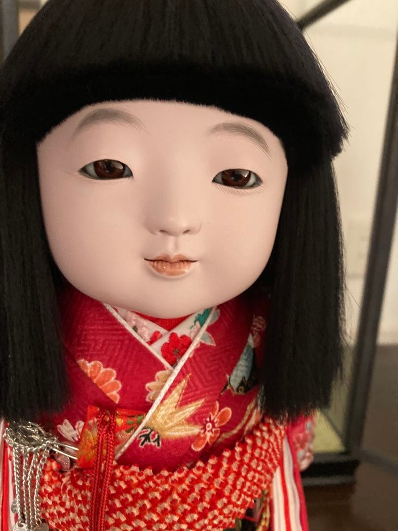 市松人形 明治後期 市印 朱印 三つ折れ 単色黒目 ガラス目 縮緬 着物