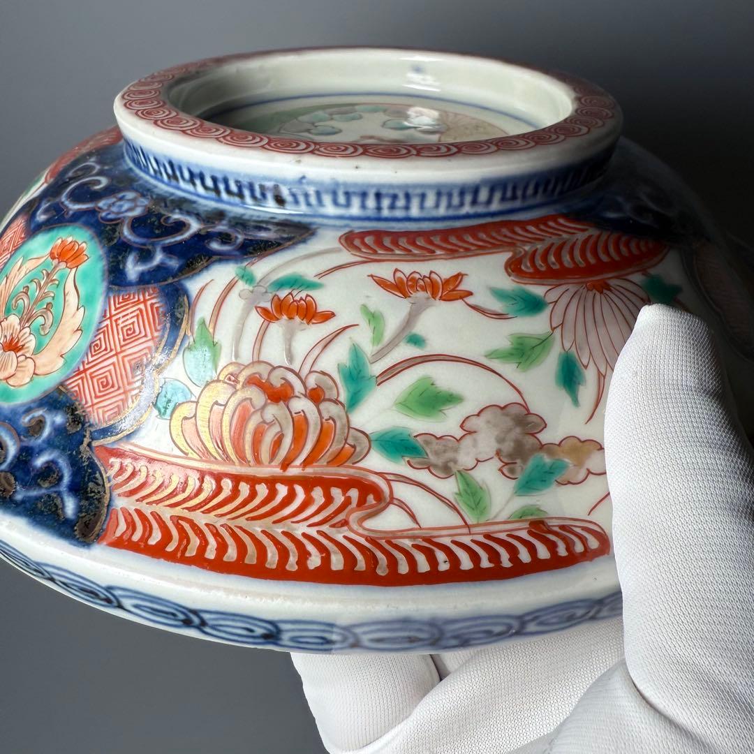 1800年代　江戸期　古伊万里　染錦鶴文様蓋付鉢　大聖寺伊万里　七宝文