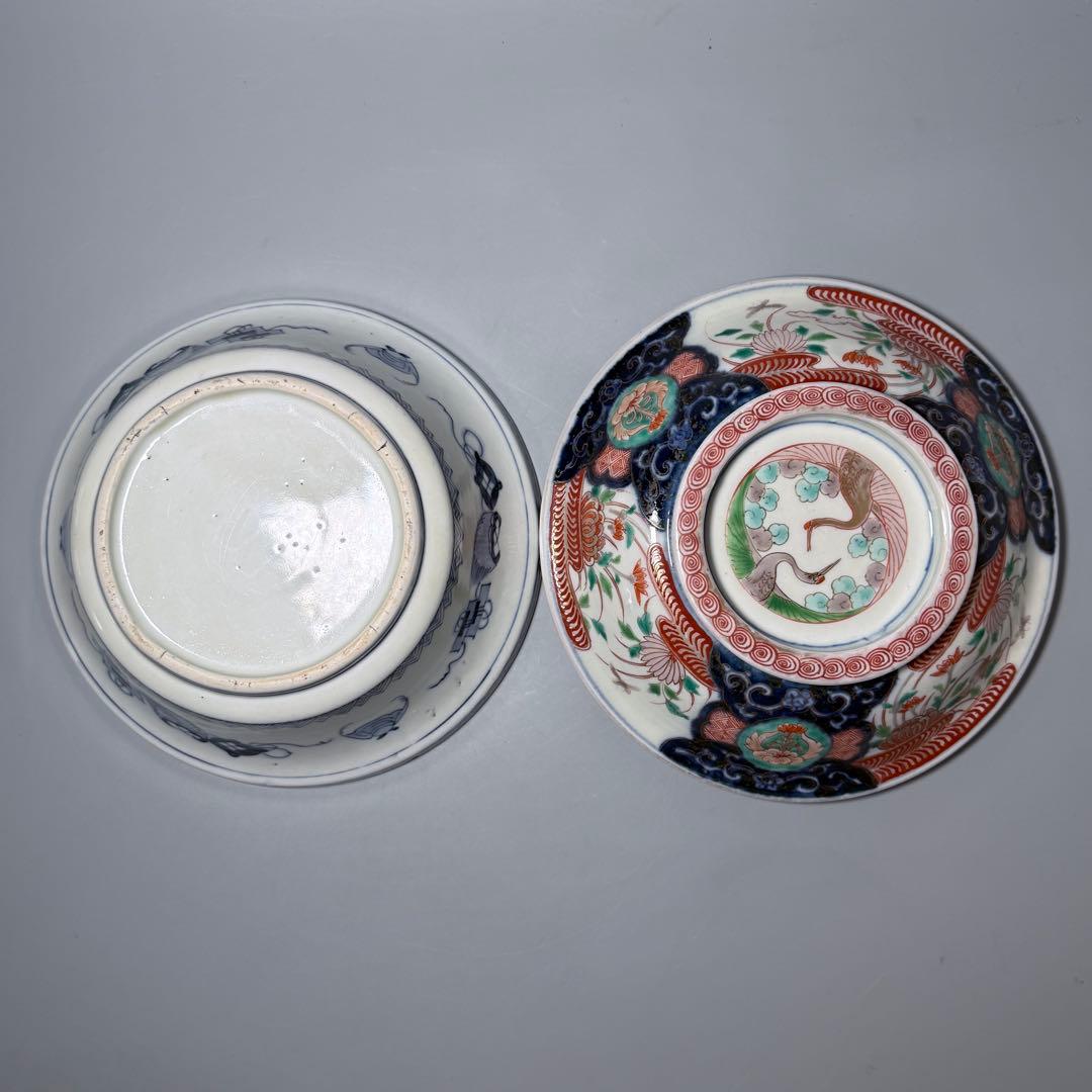 1800年代　江戸期　古伊万里　染錦鶴文様蓋付鉢　大聖寺伊万里　七宝文