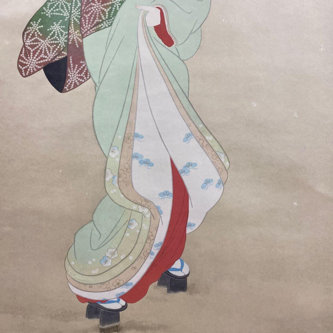 美品 掛け軸 上村松園筆「初雪」美人画 浮世絵 リトグラフ 縁起物