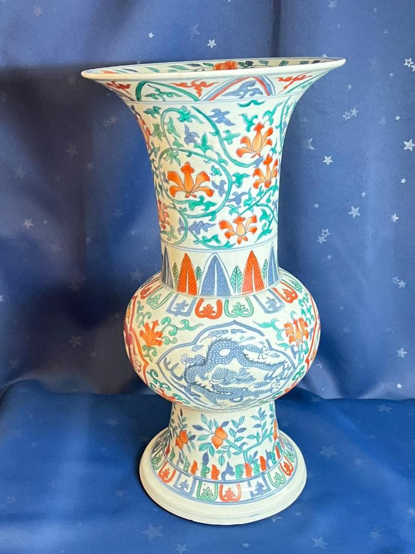 中国古玩 大明萬暦年製 彩色雲龍紋花瓶 花器 花生 高さ約42.3