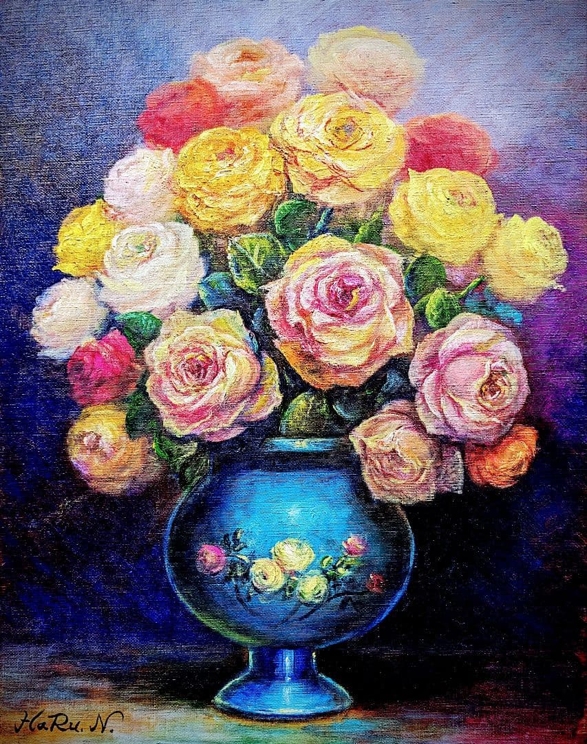 絵画 油彩 画家 haru 花 バラ 薔薇 花瓶 真作 原画 一点物。 ☆ HaRu 花