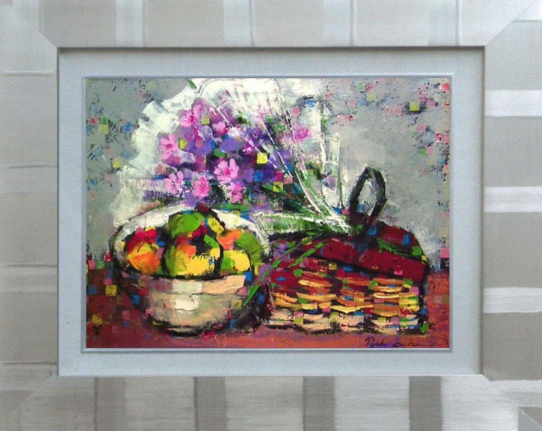 油絵 絵 絵画インテリア 額付(白) uF6-062104 静物 花束 フルーツ