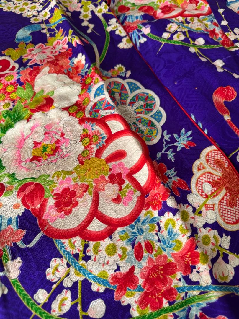 七五三に★正絹青紫色に八重梅　四季花々　五歳、七歳の着物セット