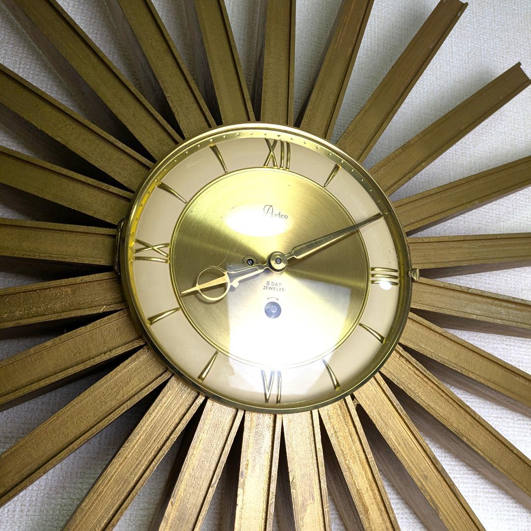 USA Artco社 木製サンバースト 金色 手巻掛時計 58cm ビンテージ