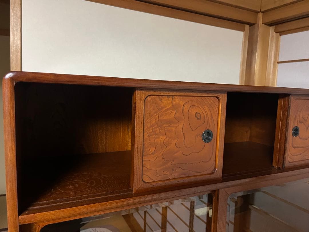 茶箪笥 欅 ケヤキ 和風収納棚 ガラス扉付き アンティーク風 高さ約150㎝