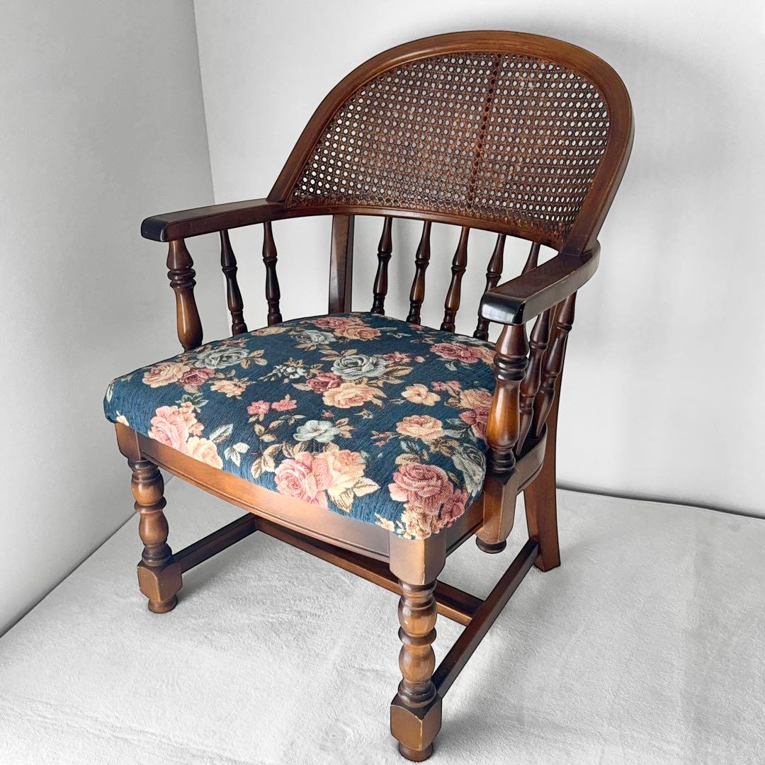 オールドカリモク コロニアル 花柄 ベロア ラタン アームチェア