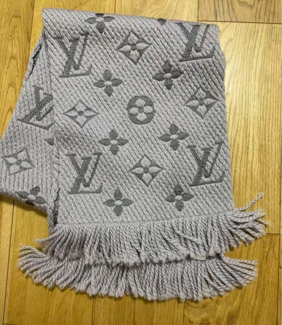 美品 ルイヴィトン マフラー フリンジ付き エシャルプ ロゴ グレー
