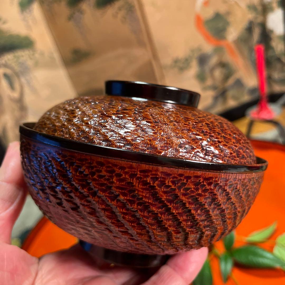 A1029 木製輪島塗　富士月　闇蒔絵　流水に亀蒔絵　吸い物庵5客