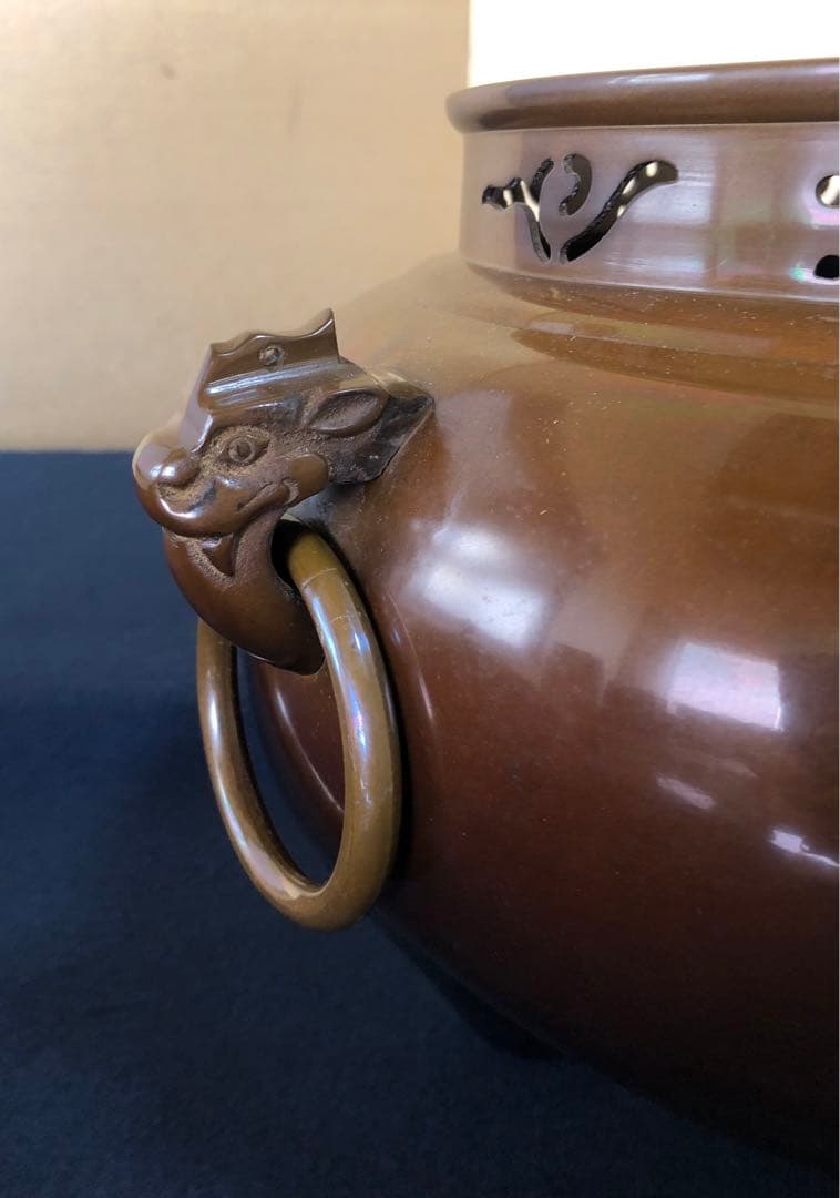 割引❗️《R》鋳銅 鬼面風炉 釜添 釜師畠春斎/風炉師寛 共箱　250716E3