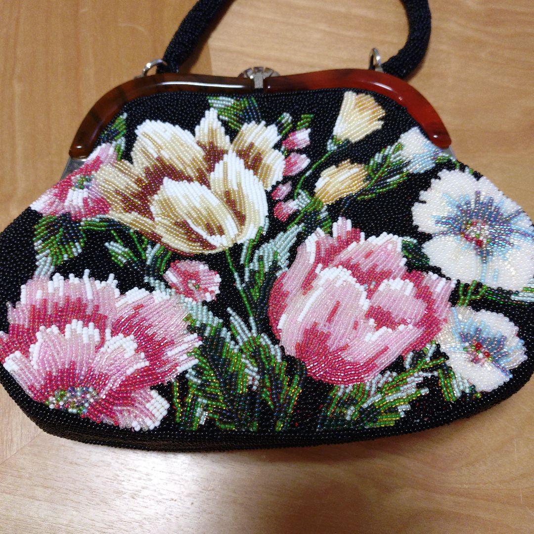 美品　ビーズバッグ　手刺繍 花　カラフル　鮮やか　和装