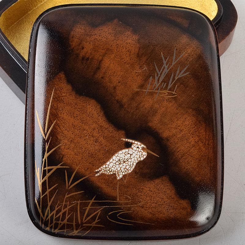 shellkid　井筒鳳斎　内金箔黒柿長四方香合鷺に芦　共箱　V　9126