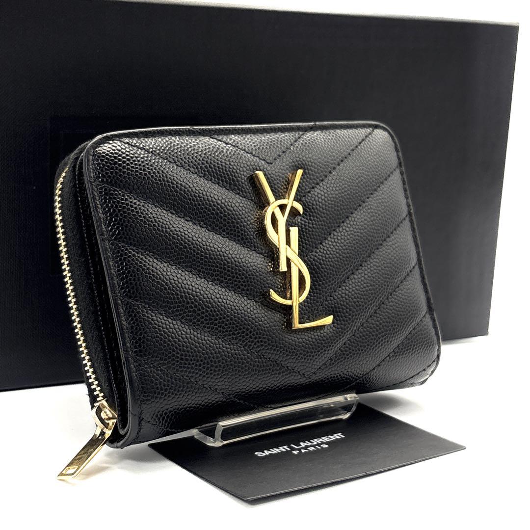 極美品◆サンローラン 二つ折り財布 キャビアスキン カサンドラ ブラック SAINT LAURENT サンローラン SAINT YSL 2つ折り財布 ラムスキン