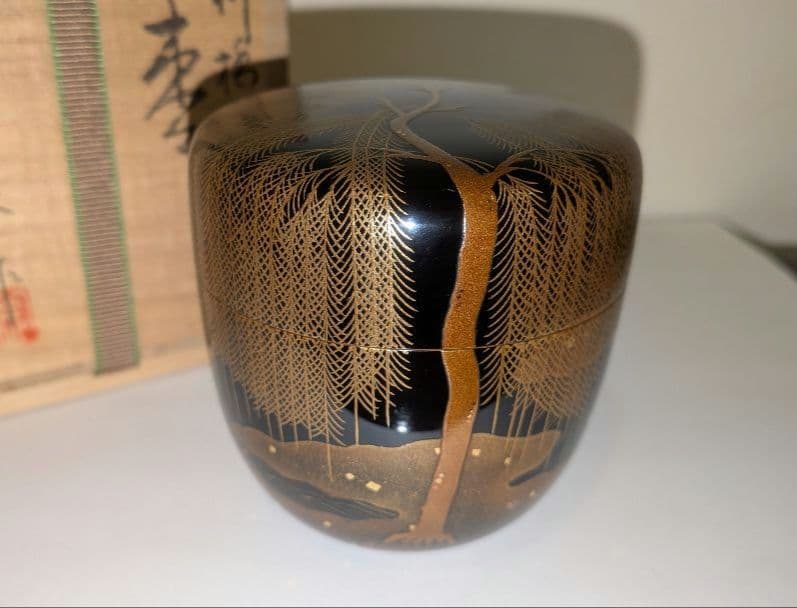 柳橋蒔絵 棗』宗水作 茶道具 共箱共布 清水宗水 内銀溜塗