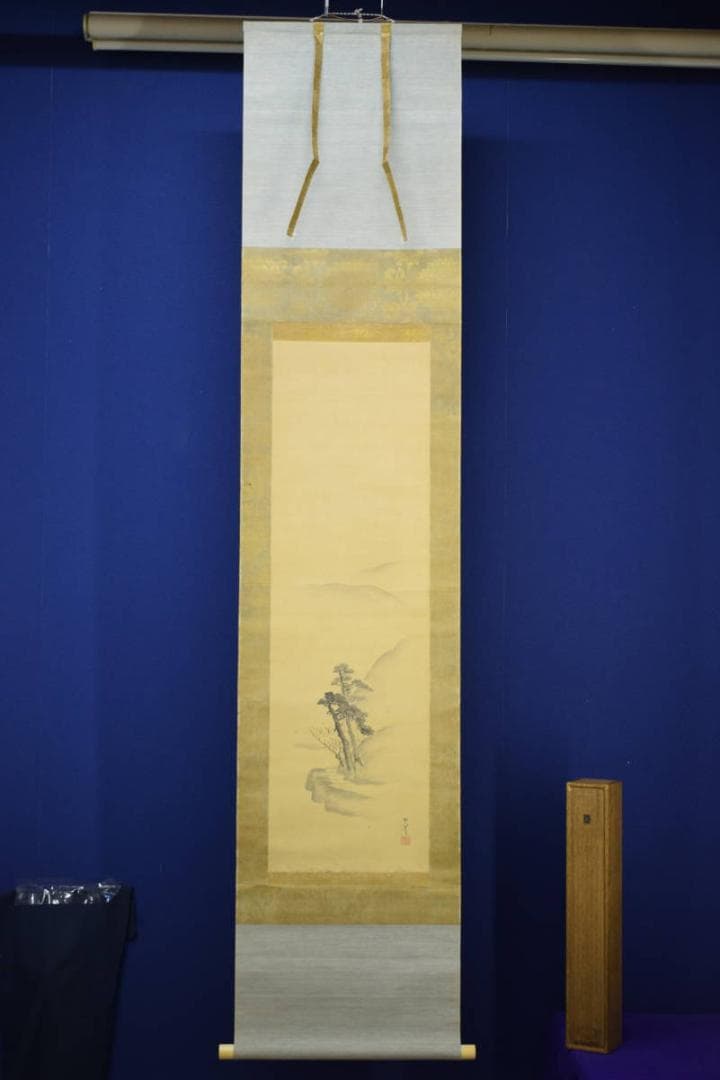 真作/松村呉春/松櫻小径/松桜/山水図/絹表装/布袋屋掛軸